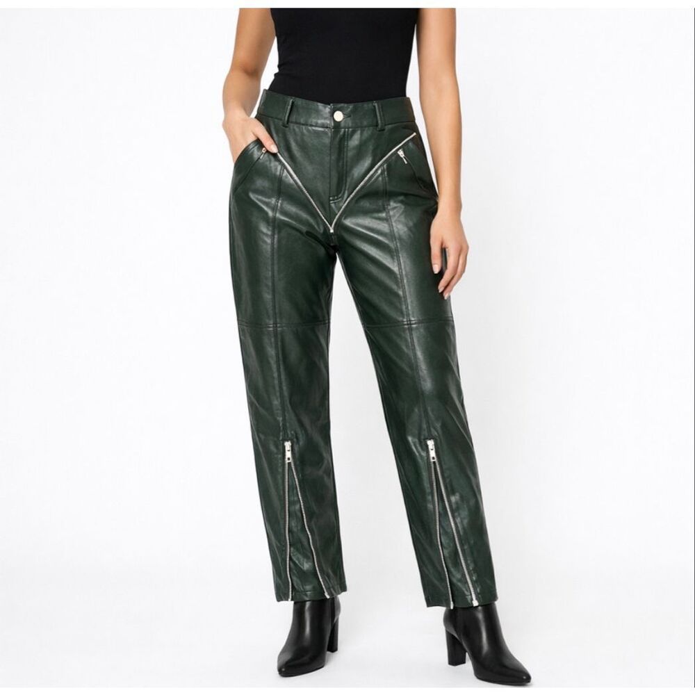 Manière De Voir Green Faux Leather Moto Pants Zip Leg High Waist 10 NWT